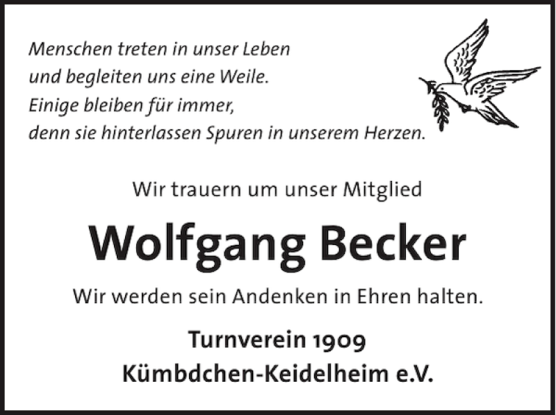  Traueranzeige für Wolfgang Becker vom 02.10.2013 aus WochenSpiegel