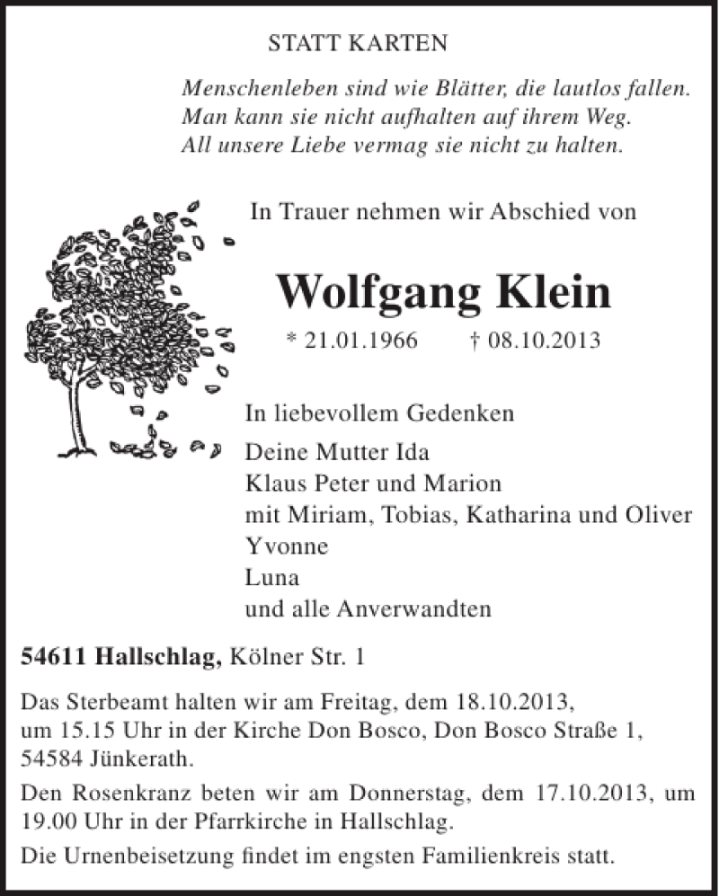  Traueranzeige für Wolfgang Klein vom 16.10.2013 aus WochenSpiegel