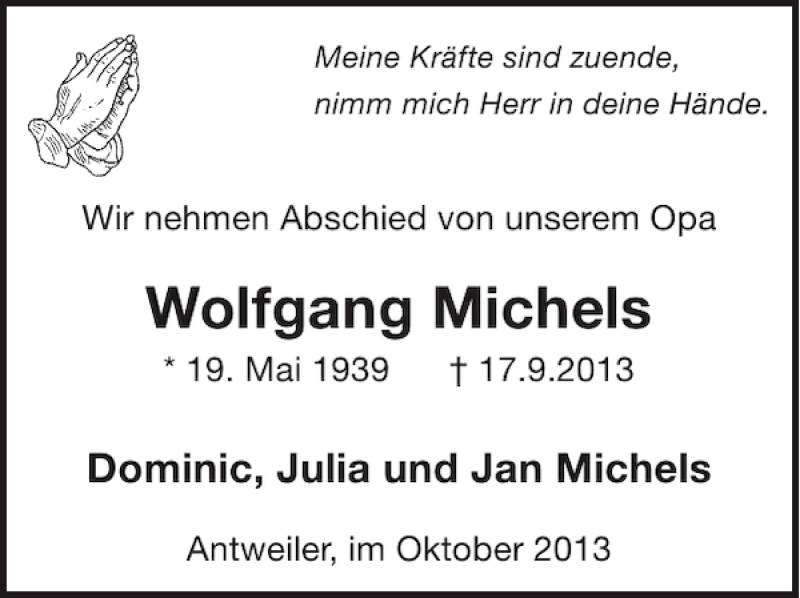  Traueranzeige für Wolfgang Michels vom 02.10.2013 aus WochenSpiegel