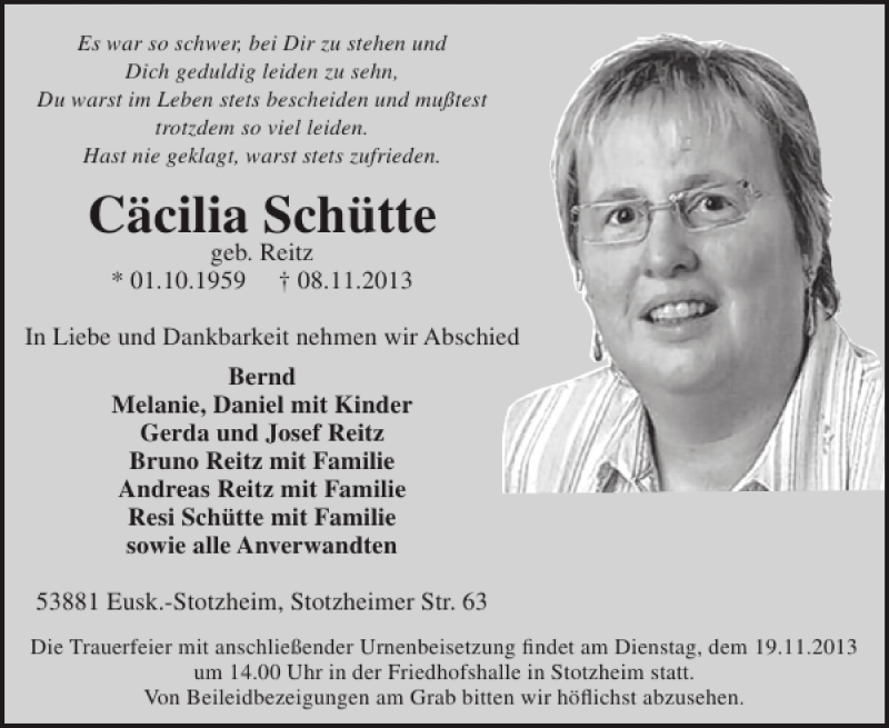  Traueranzeige für Cäcilia Schütte vom 13.11.2013 aus WochenSpiegel