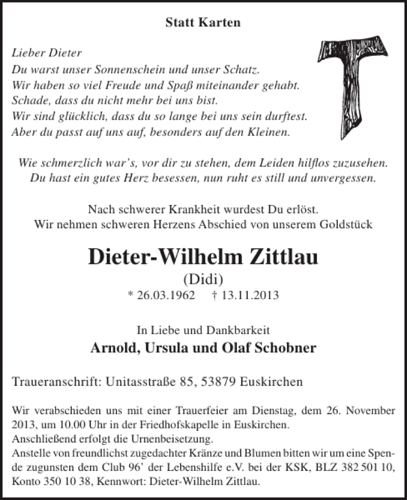  Traueranzeige für Dieter-Wilhelm Zittlau vom 20.11.2013 aus WochenSpiegel