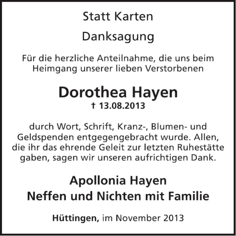  Traueranzeige für Dorothea Hayen vom 27.11.2013 aus WochenSpiegel