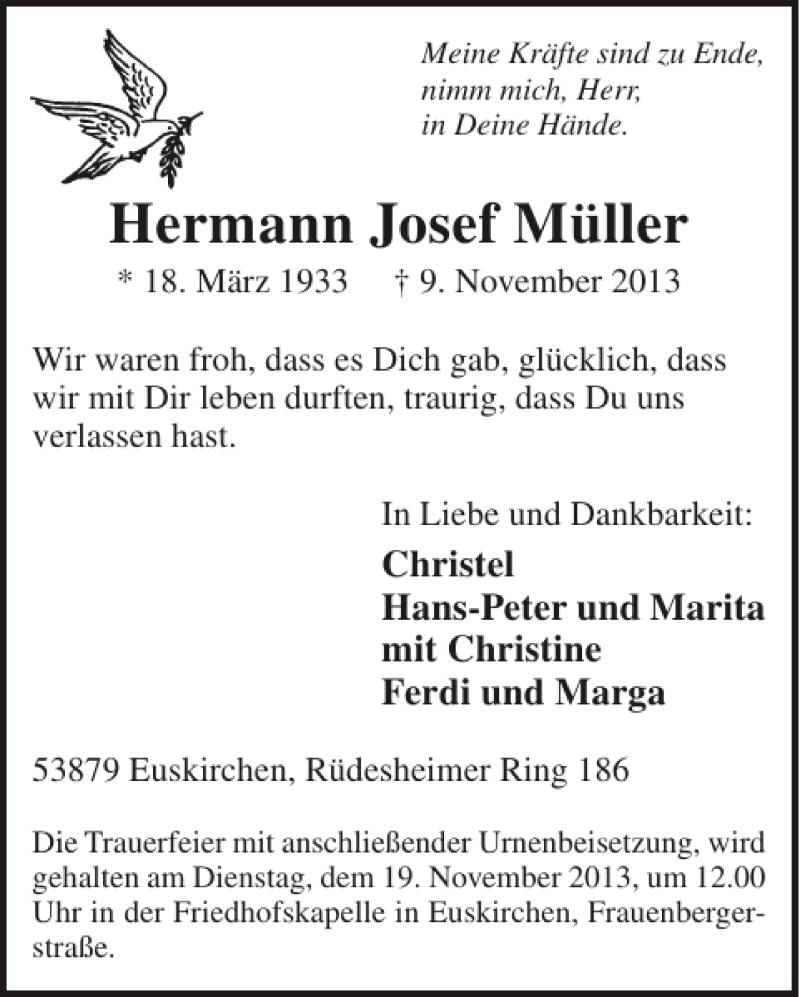  Traueranzeige für Hermann Josef Müller vom 13.11.2013 aus WochenSpiegel
