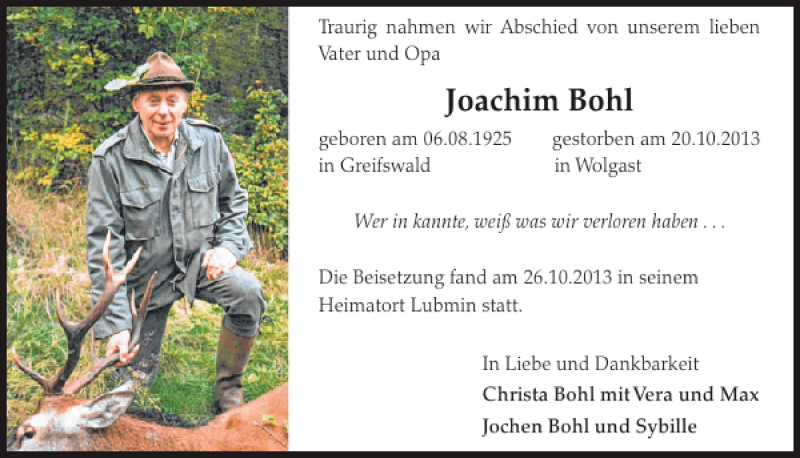  Traueranzeige für Joachim Bohl vom 06.11.2013 aus WochenSpiegel