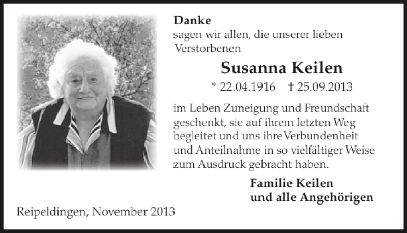  Traueranzeige für Susanna Keilen vom 06.11.2013 aus WochenSpiegel