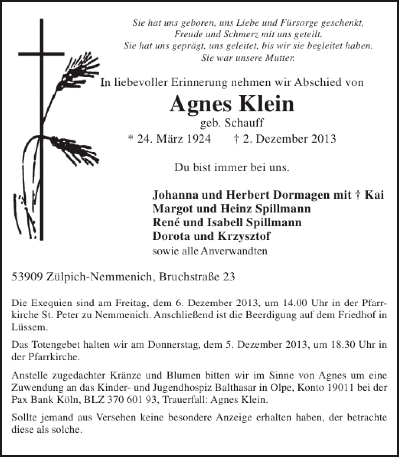  Traueranzeige für Agnes Klein vom 04.12.2013 aus WochenSpiegel