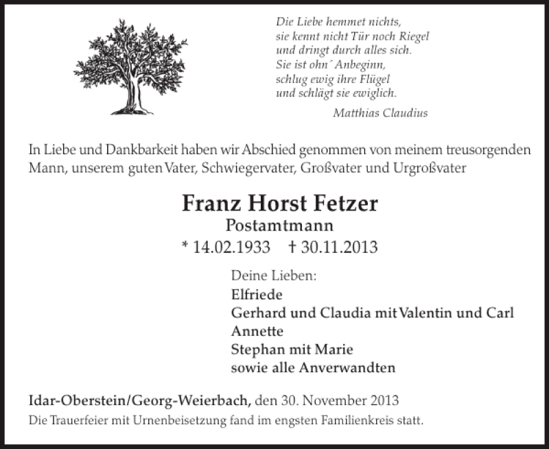  Traueranzeige für Franz Horst Fetzer vom 11.12.2013 aus WochenSpiegel