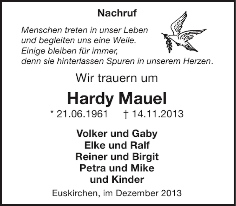  Traueranzeige für Hardy Mauel vom 04.12.2013 aus WochenSpiegel