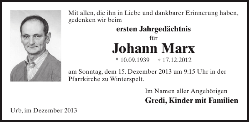  Traueranzeige für Johann Marx vom 04.12.2013 aus WochenSpiegel