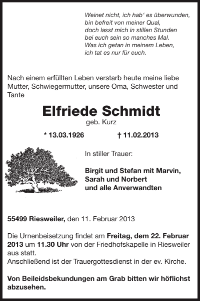  Traueranzeige für Elfriede Schmidt vom 20.02.2013 aus WochenSpiegel
