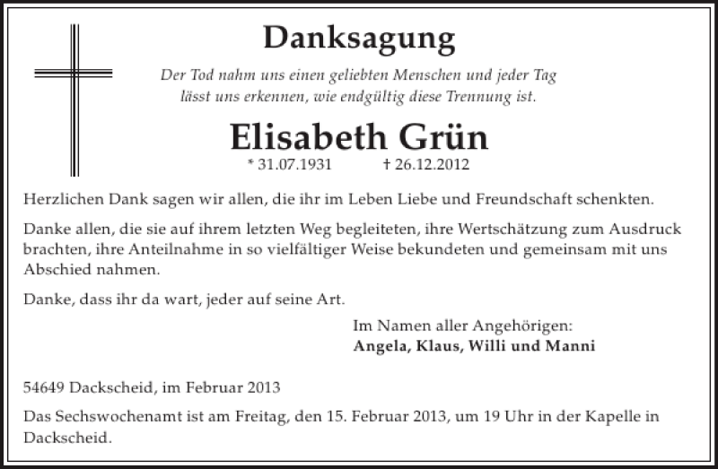  Traueranzeige für Elisabeth Grün vom 06.02.2013 aus WochenSpiegel