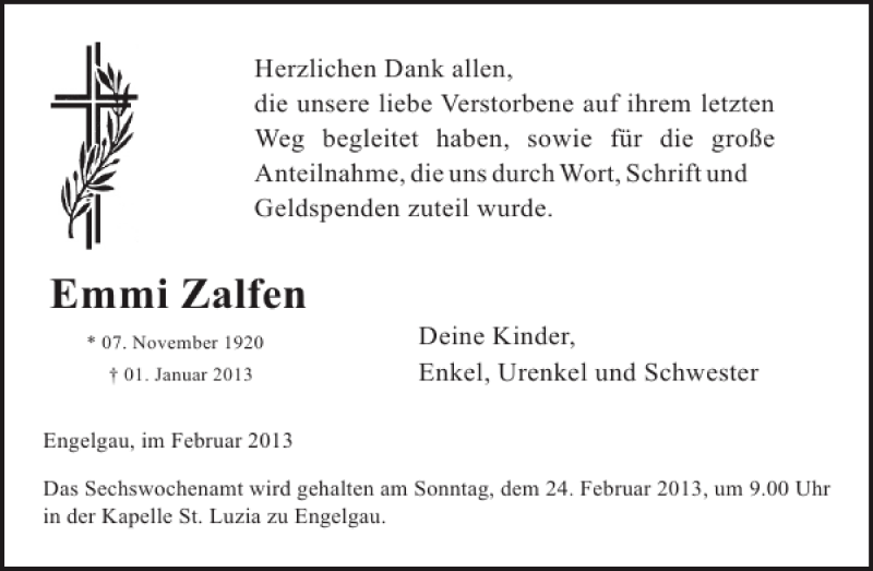  Traueranzeige für Emmi Zalfen vom 13.02.2013 aus WochenSpiegel