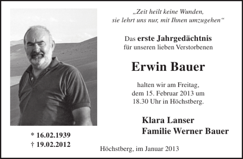  Traueranzeige für Erwin Bauer vom 06.02.2013 aus WochenSpiegel