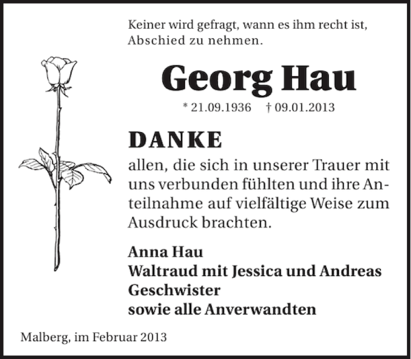  Traueranzeige für Georg Hau vom 06.02.2013 aus WochenSpiegel