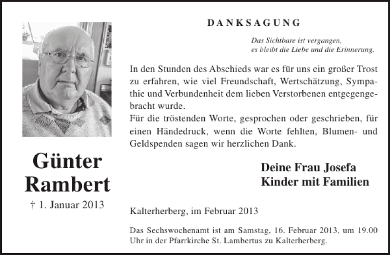  Traueranzeige für Günter Rambert vom 13.02.2013 aus WochenSpiegel