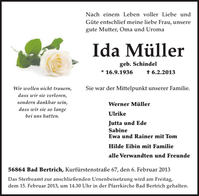  Traueranzeige für Ida Müller vom 13.02.2013 aus WochenSpiegel