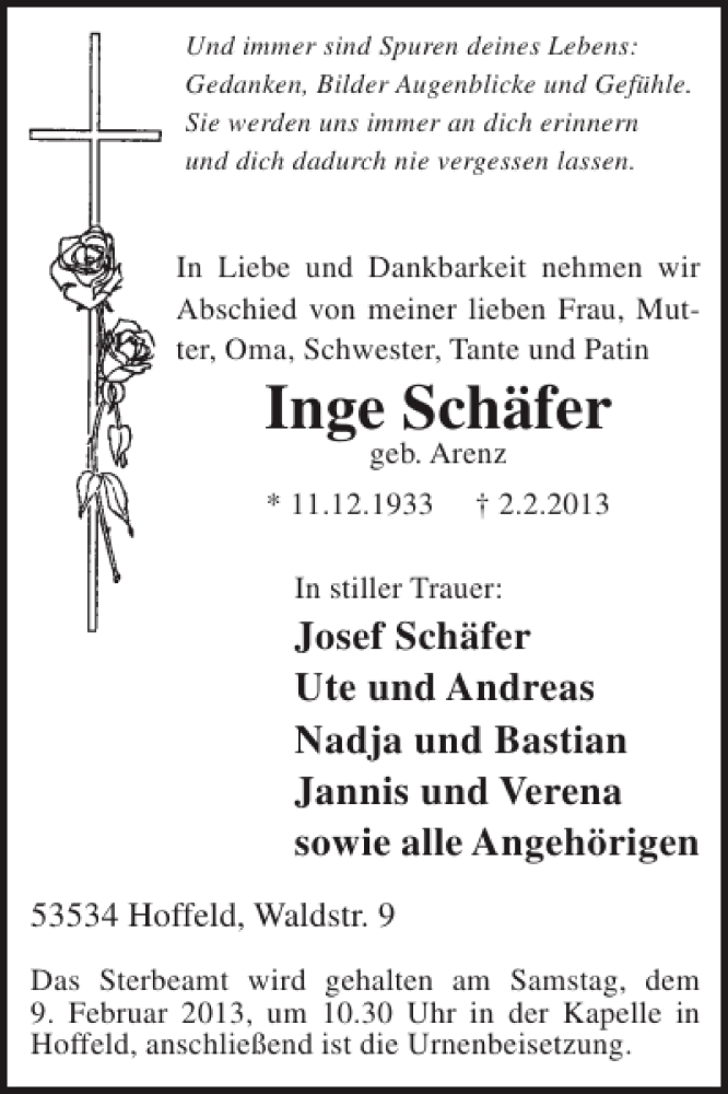  Traueranzeige für Inge Schäfer vom 06.02.2013 aus WochenSpiegel