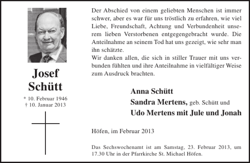  Traueranzeige für Josef Schütt vom 13.02.2013 aus WochenSpiegel