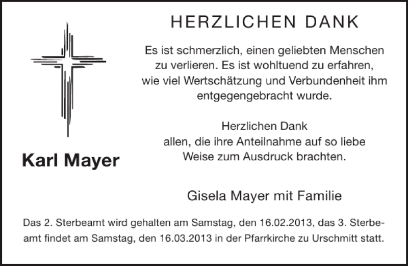  Traueranzeige für Karl Mayer vom 06.02.2013 aus WochenSpiegel