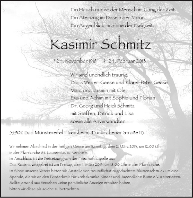  Traueranzeige für Kasimir Schmitz vom 27.02.2013 aus WochenSpiegel