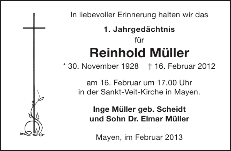  Traueranzeige für Reinhold Müller vom 13.02.2013 aus WochenSpiegel