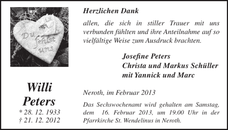  Traueranzeige für Willi Peters vom 13.02.2013 aus WochenSpiegel