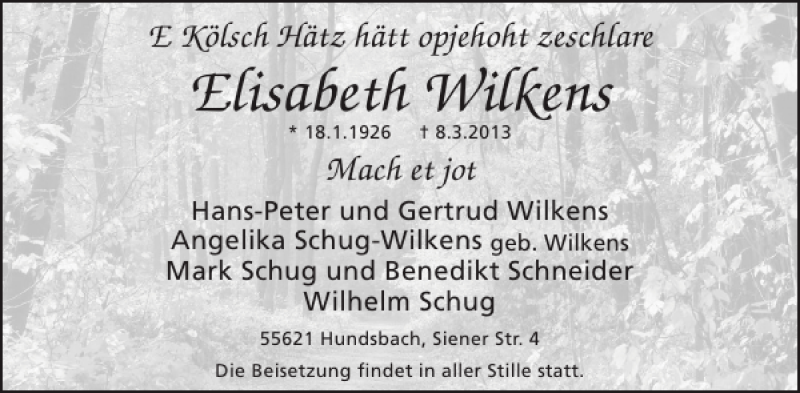  Traueranzeige für Elisabeth Wilkens vom 13.03.2013 aus WochenSpiegel