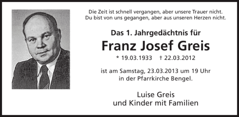  Traueranzeige für Franz Josef Greis vom 20.03.2013 aus WochenSpiegel