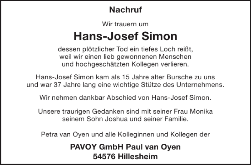  Traueranzeige für Hans-Josef Simon vom 13.03.2013 aus WochenSpiegel