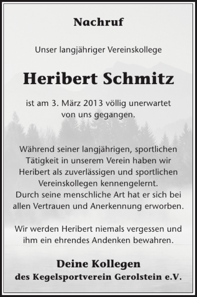  Traueranzeige für Heribert Schmitz vom 20.03.2013 aus WochenSpiegel