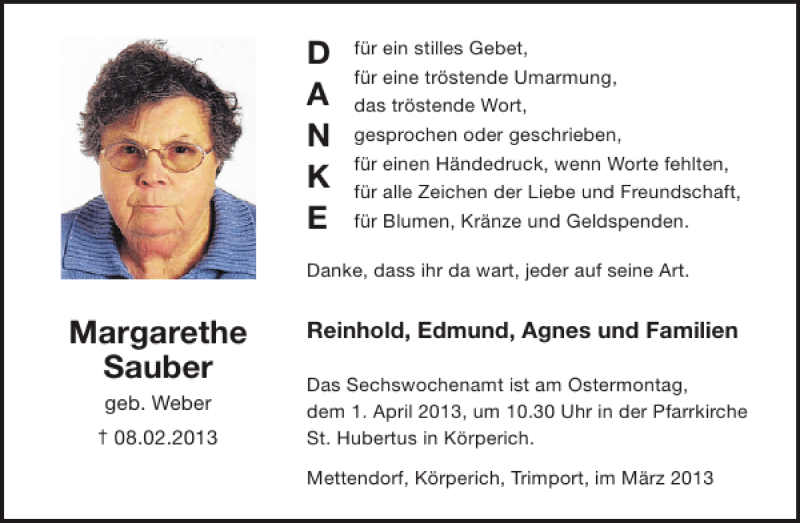  Traueranzeige für Margarethe Sauber vom 27.03.2013 aus WochenSpiegel