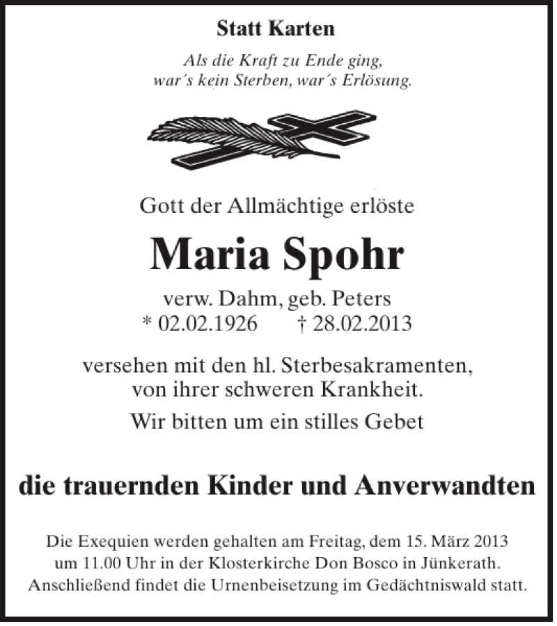  Traueranzeige für Maria Spohr vom 13.03.2013 aus WochenSpiegel
