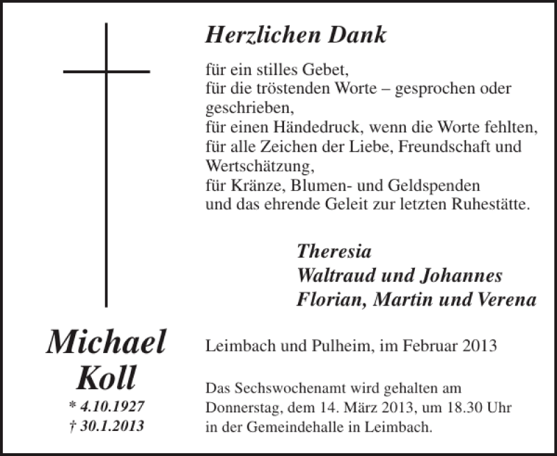  Traueranzeige für Michael Koll vom 06.03.2013 aus WochenSpiegel