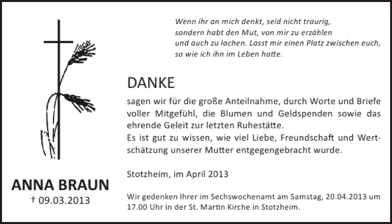  Traueranzeige für ANNA BRAUN vom 10.04.2013 aus WochenSpiegel