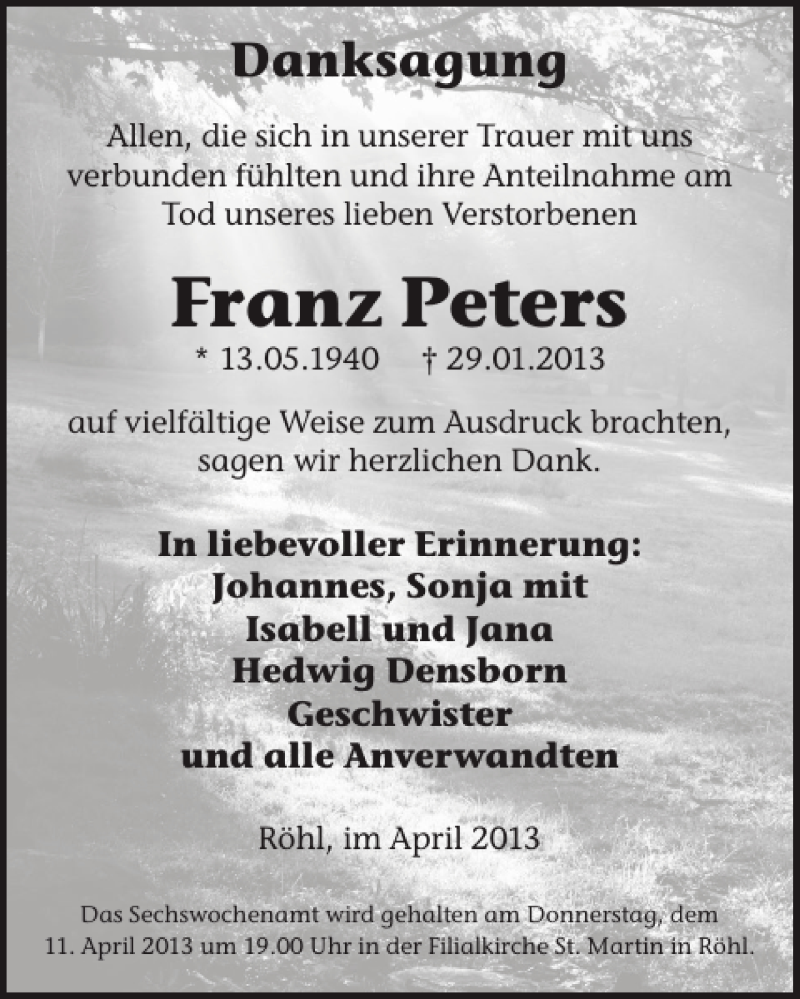  Traueranzeige für Franz Peters vom 03.04.2013 aus WochenSpiegel