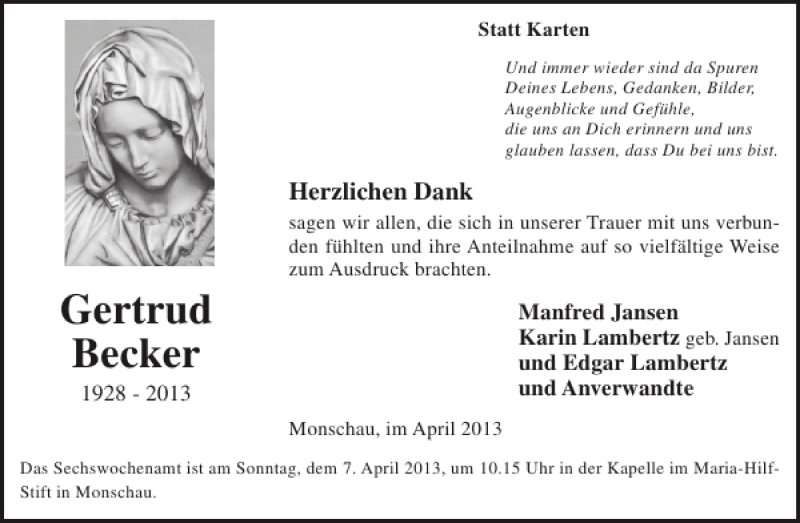  Traueranzeige für Gertrud Becker vom 03.04.2013 aus WochenSpiegel