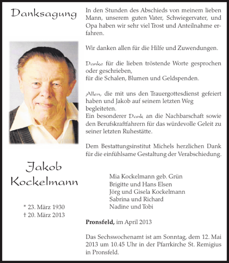  Traueranzeige für Jakob Kockelmann vom 24.04.2013 aus WochenSpiegel