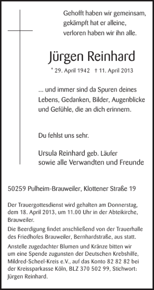  Traueranzeige für Jürgen Reinhard vom 17.04.2013 aus WochenSpiegel