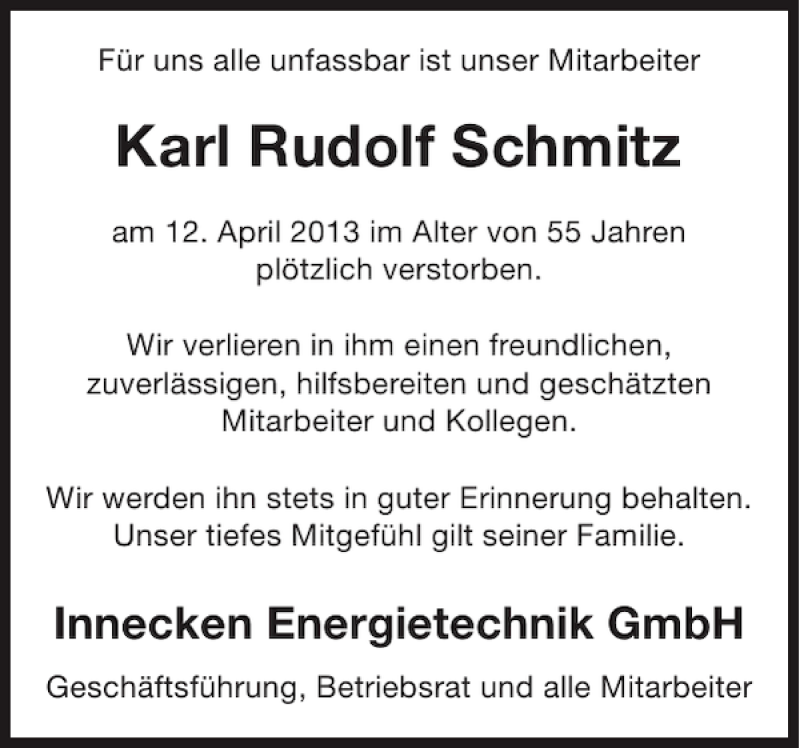 Traueranzeige für Karl Rudolf Schmitz vom 24.04.2013 aus WochenSpiegel
