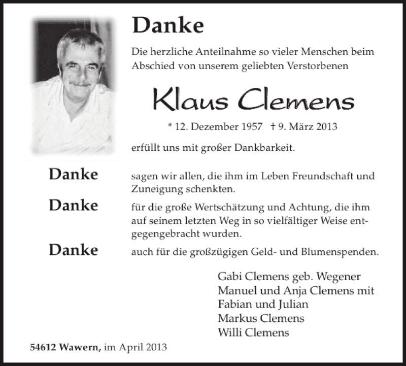  Traueranzeige für Klaus Clemens vom 10.04.2013 aus WochenSpiegel