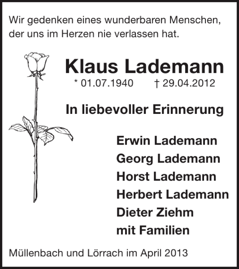  Traueranzeige für Klaus Lademann vom 24.04.2013 aus WochenSpiegel