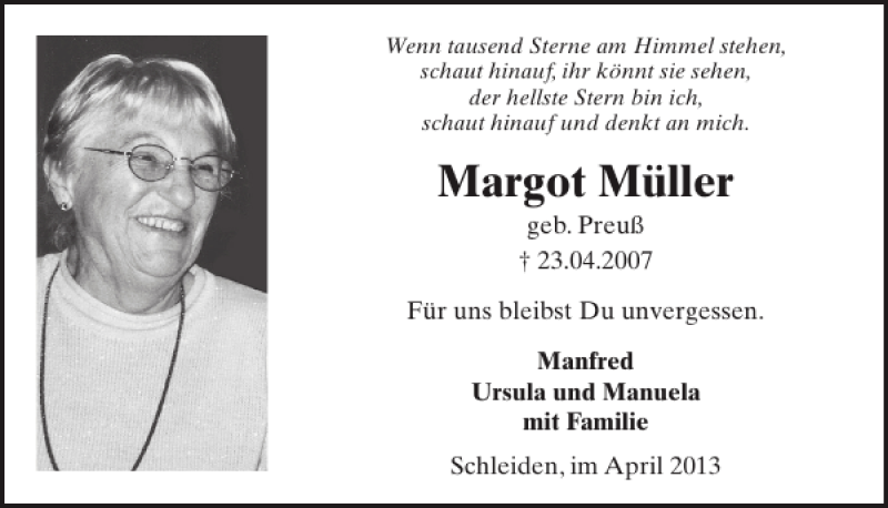  Traueranzeige für Margot Müller vom 24.04.2013 aus WochenSpiegel