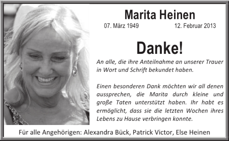 Traueranzeige für Marita Heinen vom 17.04.2013 aus WochenSpiegel