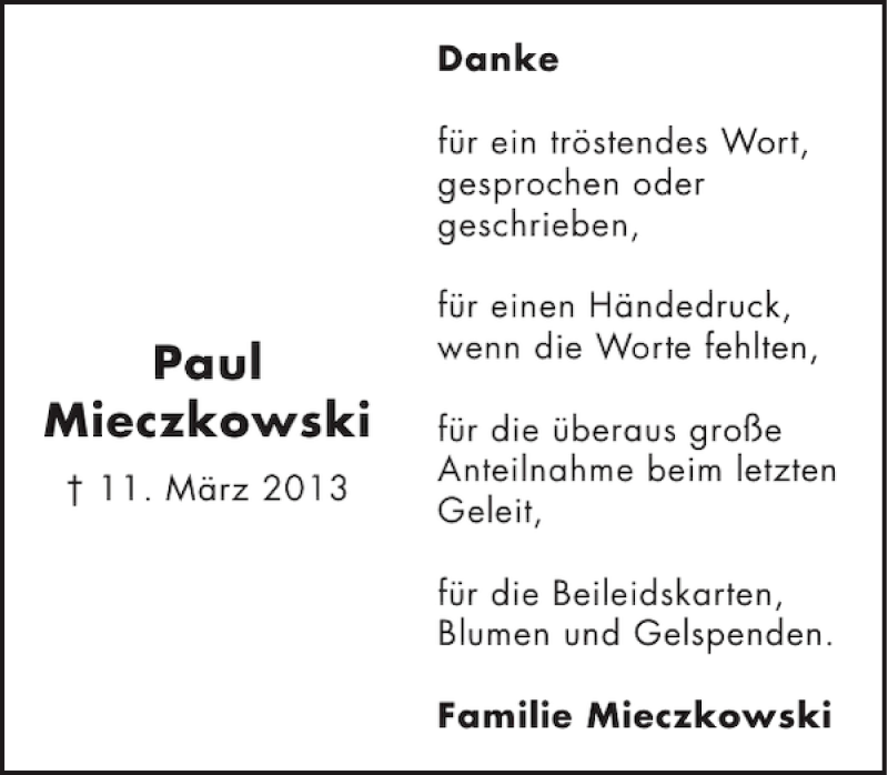  Traueranzeige für Paul Mieczkowski vom 17.04.2013 aus WochenSpiegel