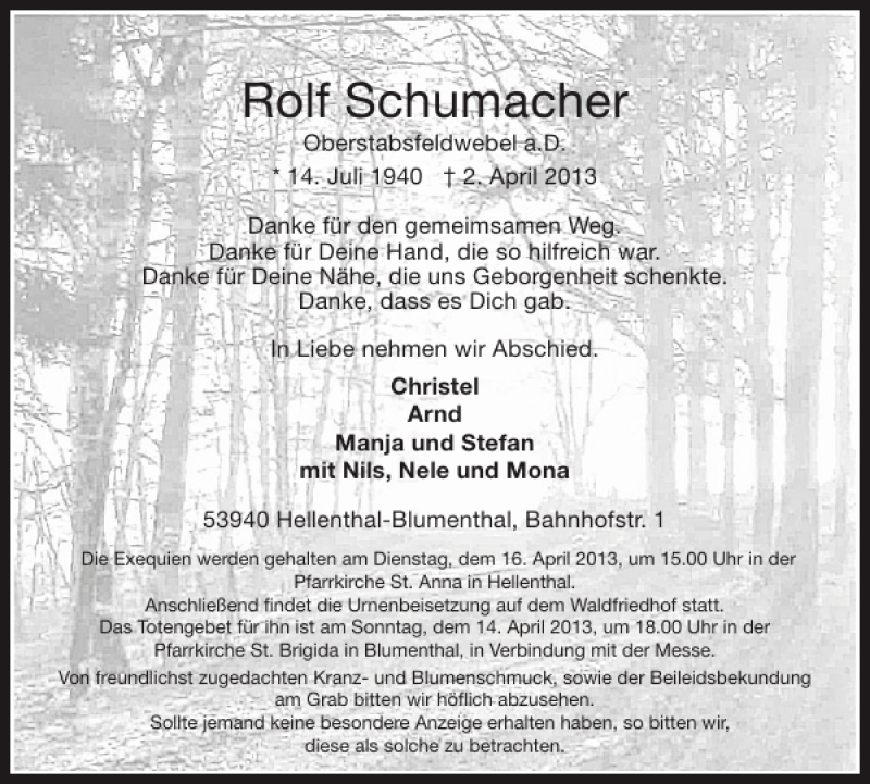  Traueranzeige für Rolf Schumacher vom 10.04.2013 aus WochenSpiegel