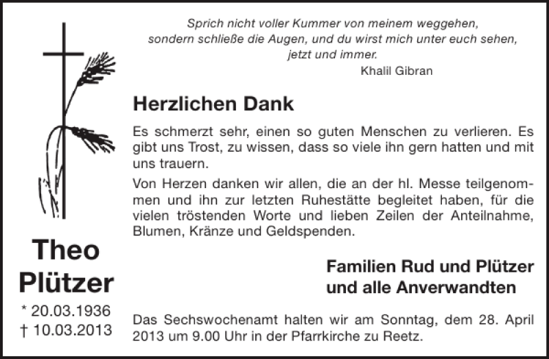 Traueranzeige für Theo Plützer vom 17.04.2013 aus WochenSpiegel
