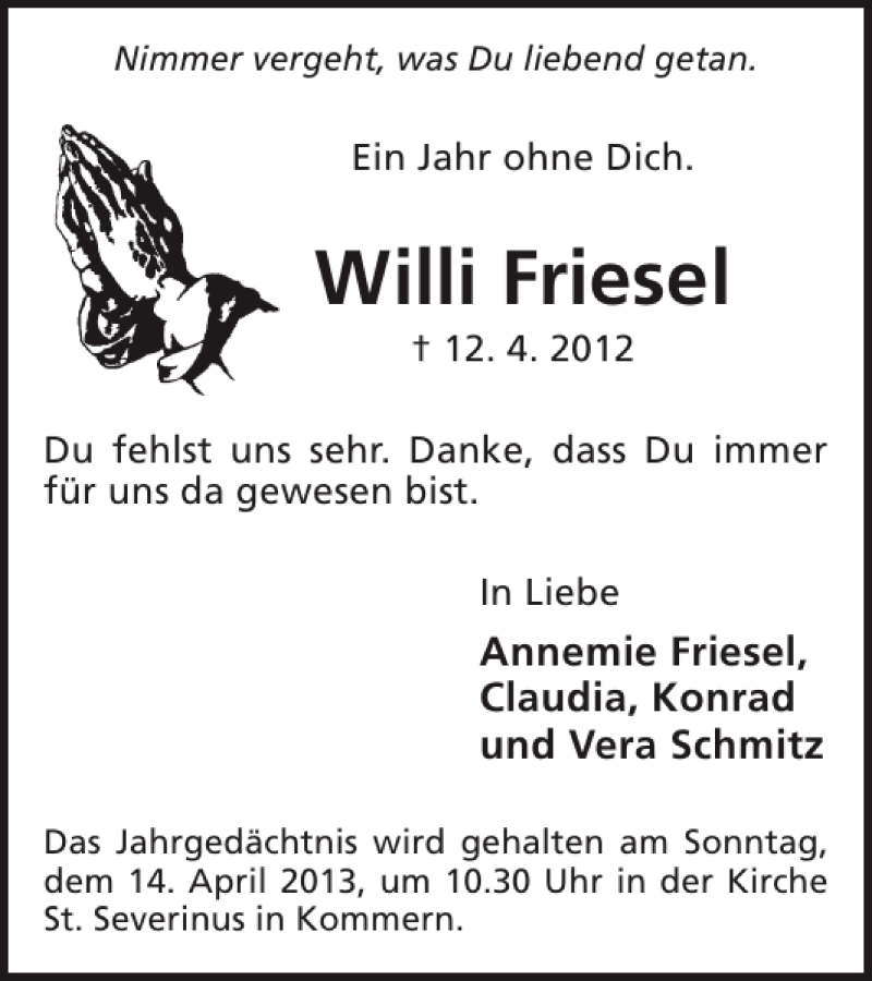  Traueranzeige für Willi Friesel vom 03.04.2013 aus WochenSpiegel