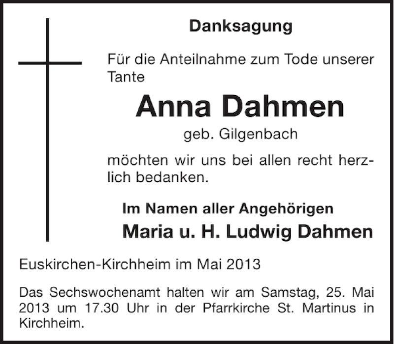  Traueranzeige für Anna Dahmen vom 22.05.2013 aus WochenSpiegel
