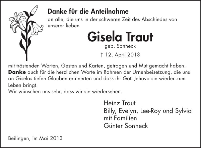  Traueranzeige für Gisela Traut vom 29.05.2013 aus WochenSpiegel