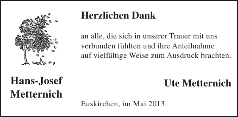  Traueranzeige für Hans-Josef Metternich vom 08.05.2013 aus WochenSpiegel